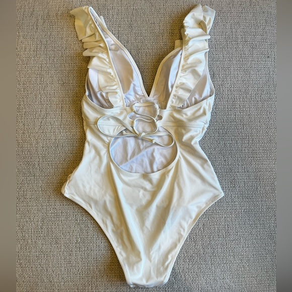 CUPSHE Women's Ruffle Sleeve One Piece Swimsuit V Neck Lace Up - White XL - Picture 9 of 9